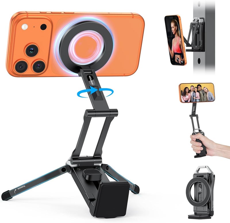 Omoton TP02 حامل ثلاثي دوار 360° لمغناطيس ماج سيف، حامل هاتف مغناطيسي قابل للتعديل من الألمنيوم لهواتف آيفون 17/16/15/14 برو ماكس إير، حامل هاتف قابل للطي يناسب الفلوغ، وصالة الألعاب الرياضية، واحتياجات السفر، وإكسسوارات أخرى - Image 1